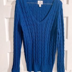 Royal-blue cable-knit v-neck sweater